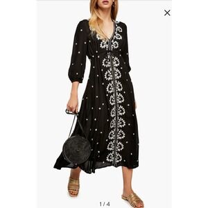 Free People Embroidered Black Fable Midis Dress Floral Sz S Boho Cottagecore